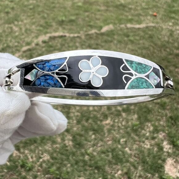 Vintage Alpaca Mexico Women's Bracelet Abalone‎ Shell Floral Silver Tone Signed - Picture 16 of 16